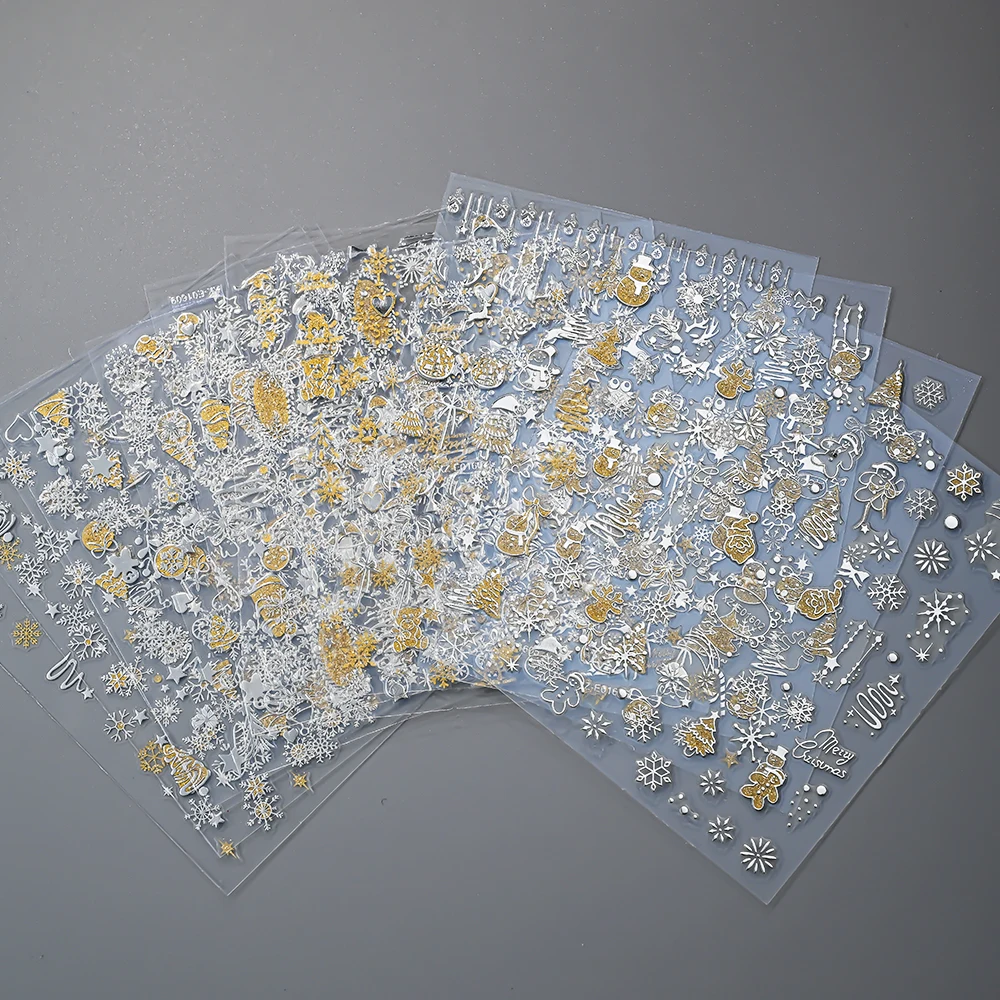 12 Stuks 3D Kerst Sneeuwvlok Nail Stickers Goud Zilver Glitter Kerstman Bal Kerstboom Decals Nieuwjaar Zelfklevende Sliders