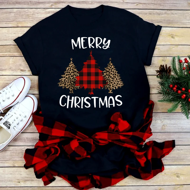 Merry Christmas Tree Print Women T Shirt New Year Tshirt Xmas Holiday Party Short Sleeve Tees Harajuku Fashion Graphic Y2k Tops