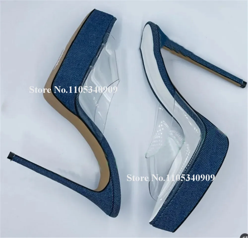 Bondarenko Pointed Open Toe PVC Patchwork Stiletto Heel Dance Shoes Blue Pink White High Platform Thin Heel Wedding Heels
