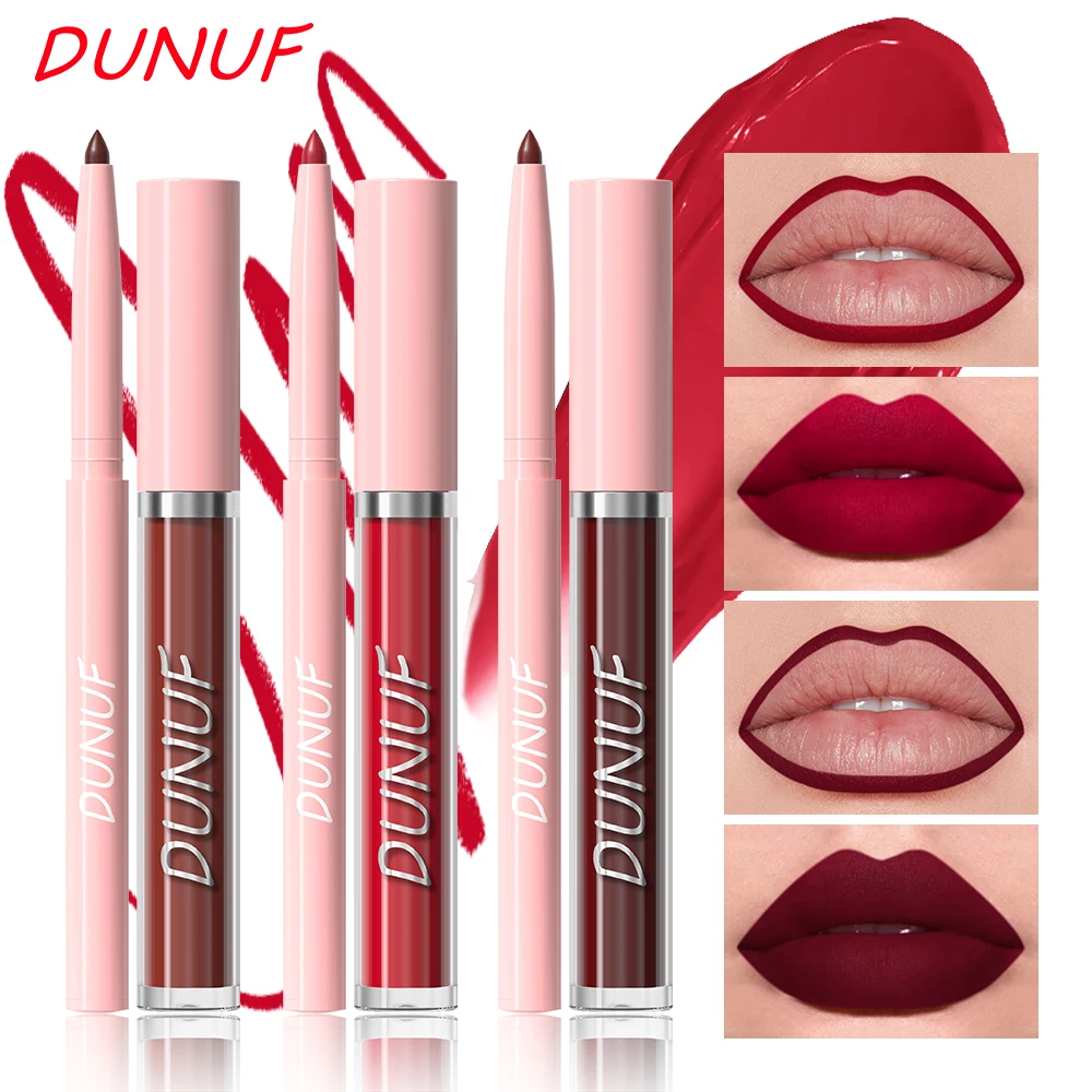 DUNUF Lip Gloss Lip Liner Set Set da 2 pezzi Durevole Facile da colorare Tazza antiaderente impermeabile Set di lucidalabbra opaco resistente al sudore
