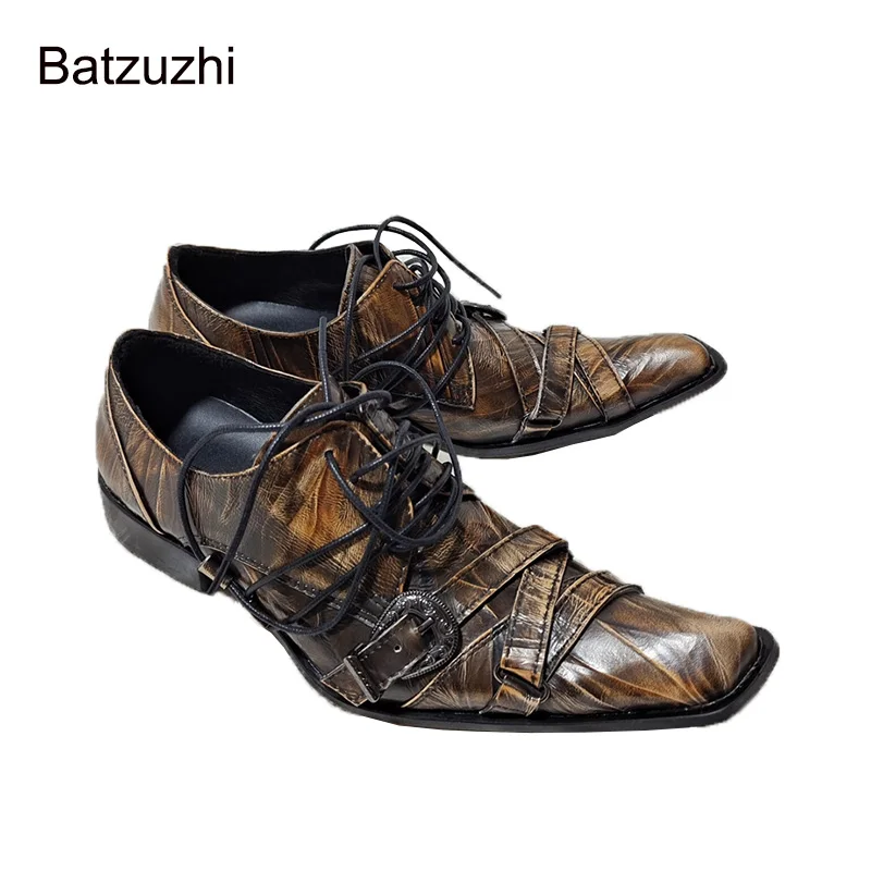 

Batzuzhi Japanese Style Handmade Men's Shoes Small Square Toe Lace-up Straps Bronze Leather Dress Shoes Men Party and Wedding!