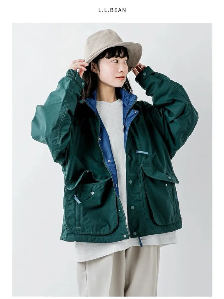 Waterproof Nylon Double Layer Jacket Unisex Loose Fit Long Sleeve Stand Collar Regular Length Outerwear for Youth Autumn Season