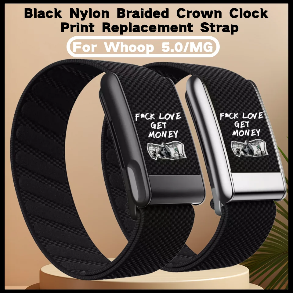 Black Nylon Braided Crown Clock Print Replacement Strap Adjustable Wristband Bracelet For Whoop 5.0 MG Sport Tracker Accessories