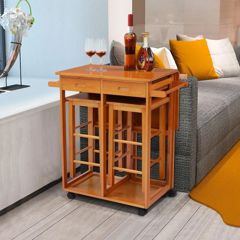 

Storage Rack Trolley, Kitchen Island Cart with Square Stools and Drawers, Solid Wood Easy To Assemble Multifunctional Cart