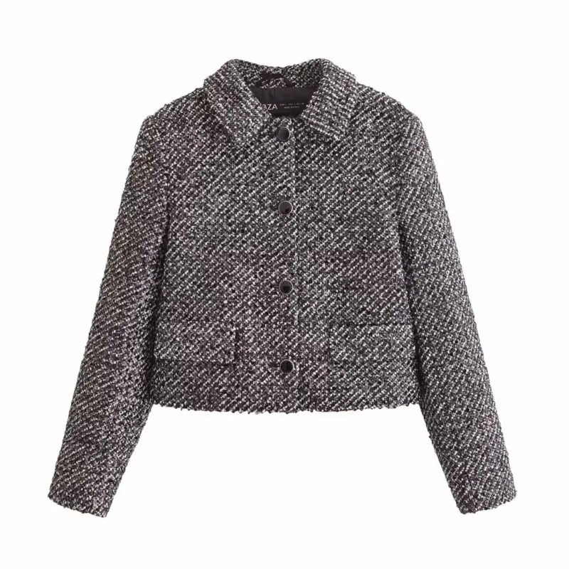 TRAF-Blazers Courts avec Décoration de Perles pour Femme, Veste Femme à Manches sulf, Poche Bergame, Bouton, Mode Automne