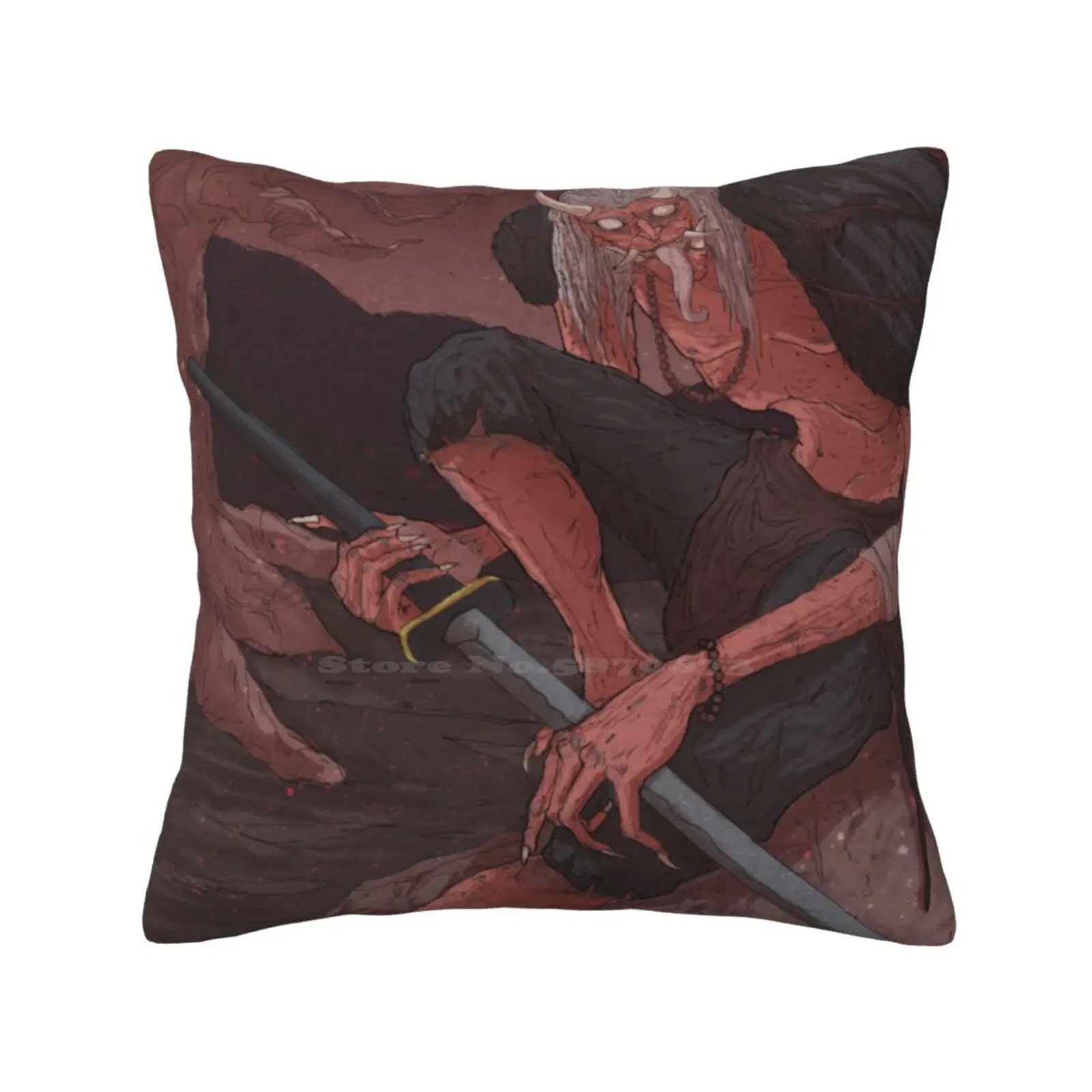 Odachi Onii Home Sofa Car Waist Throw Pillowcase Oni Demon Samurai Japanese Red Horns Katana Scary Horror Sword Anime Manga