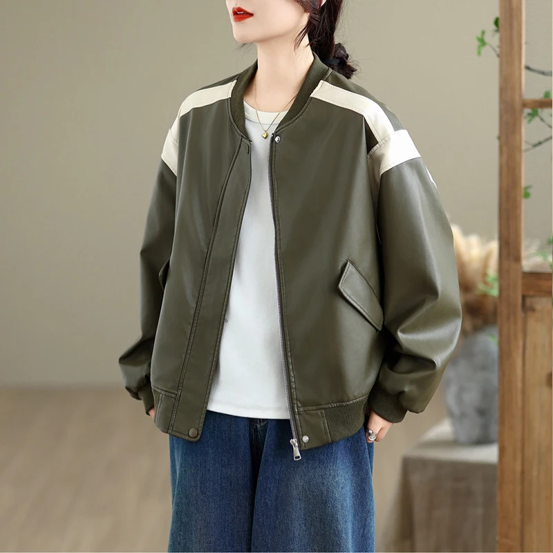 Masss Wasss 2025 otoño mujer ocio Vintage Patchwork talla grande chaquetas de piel sintética señoras cortavientos sueltos moda PU abrigos