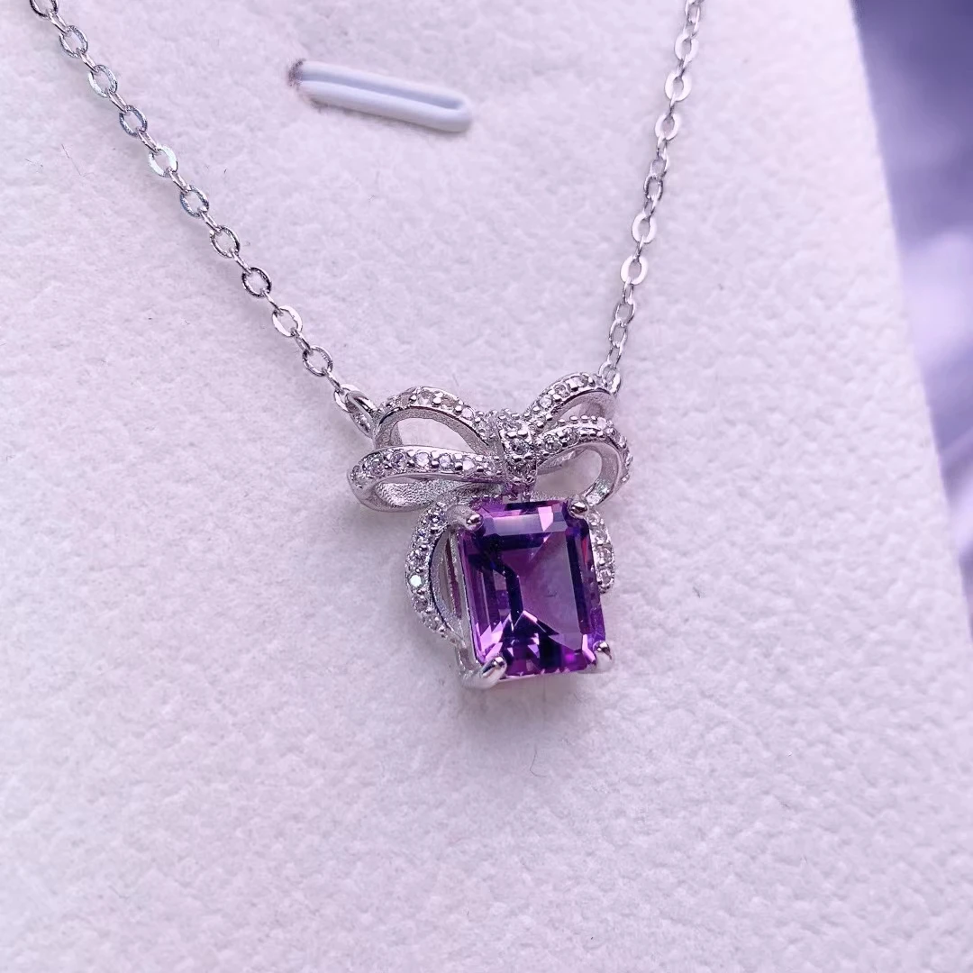 

925 Sterling silver Set Natural Amethyst 7x9mm Bowknot Butterfly Pendant Necklace With Silver Chain Semi-precious Stone Necklace