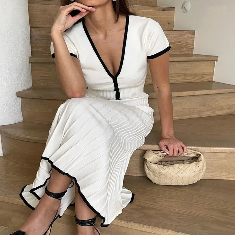 Summer Fashion Women White V-neck Casual Long Skirt Suit Short Sleeve A Line Slim Pleated Elegant Dress 2 Piece Skirt