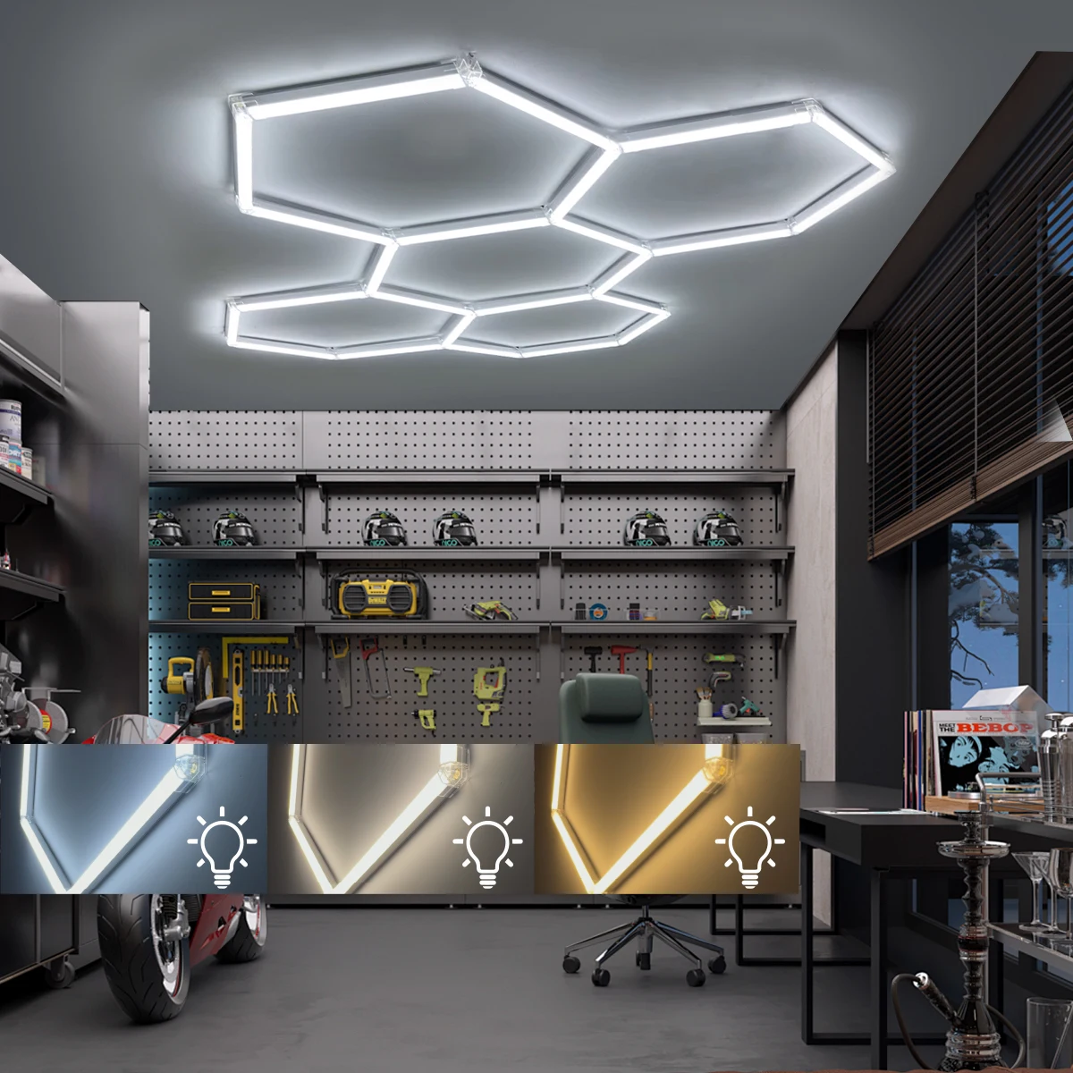 

3 Color Changes Hexagon LED Lighting for Garage Barbershop Ceiling Lights 3000K4000K6500K Workshop Gym Bar 4S Car Show Honeycomb