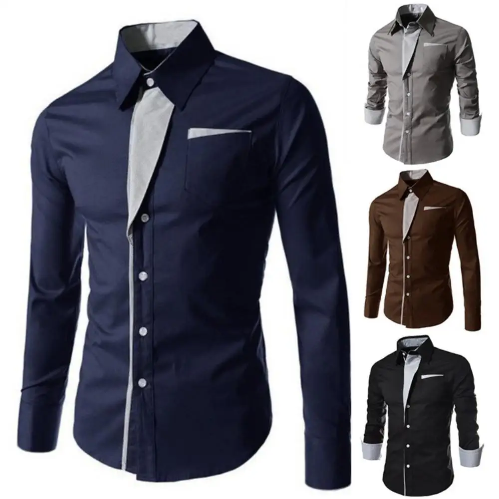 Fashion Men Shirt Stand Collar Long Sleeve Shirt Color Block Button Up Shirt Slim Fit Top