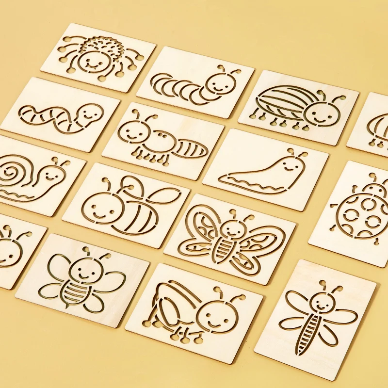 ชุดอุปกรณ์วาดภาพไม้ 15 ชิ้น ชุดลายฉลุสำหรับระบายสี ทำมือ DIY ช่วยในการวาดภาพและระบายสี ของเล่นเสริมพัฒนาการสำหรับเด็ก ของขวัญ