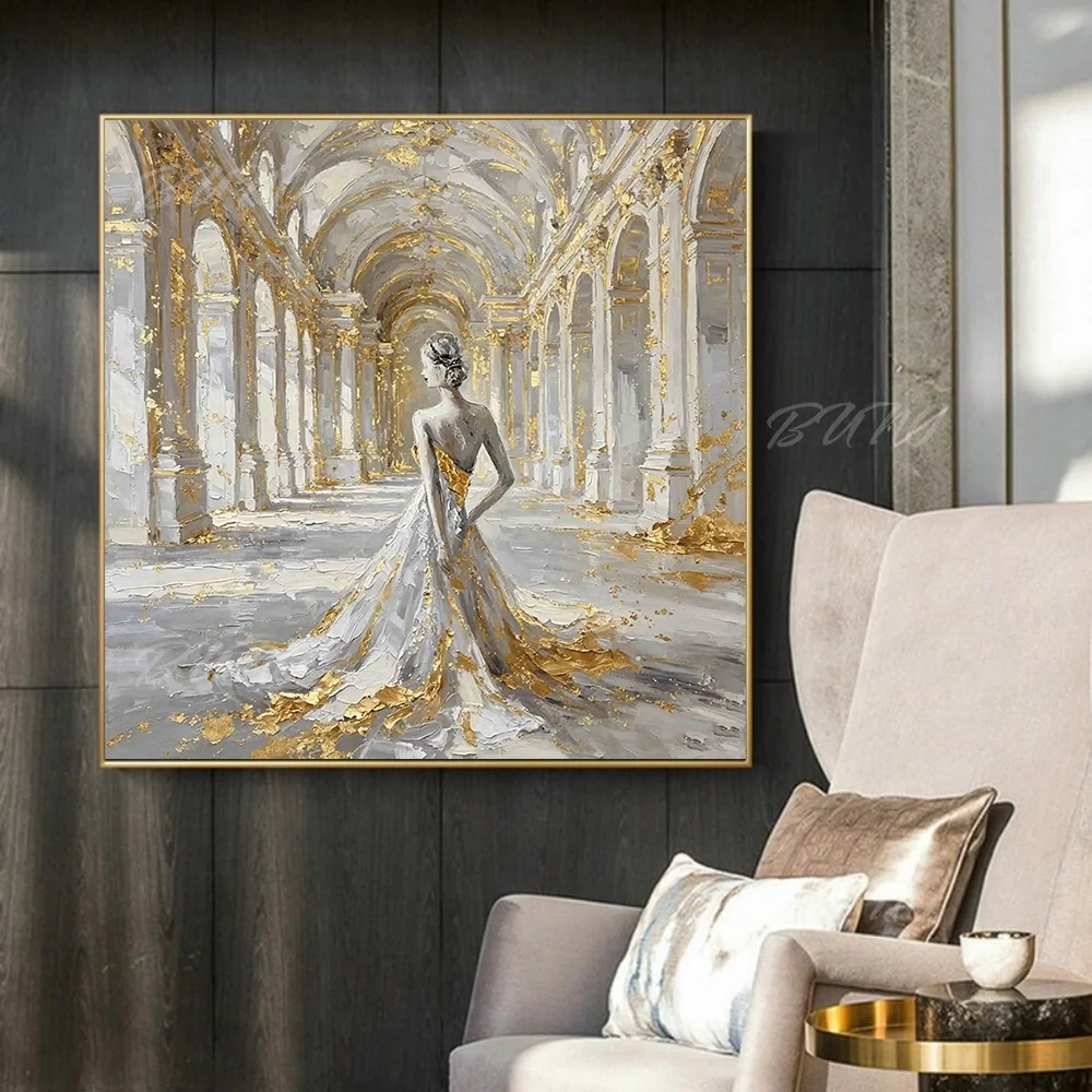 100% Handmade Abstract Oil Painting Original Gold Foil Unframed Canvas Wall Art for Home Living Room Bedroom Decor