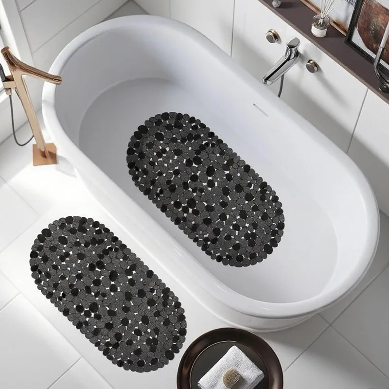 69x36cm Shower Mat Non Slip and Mildew Proof PVC Oval Pebble Bath Mat with Strong Suction Cups and Drainage Holes for Bathroom