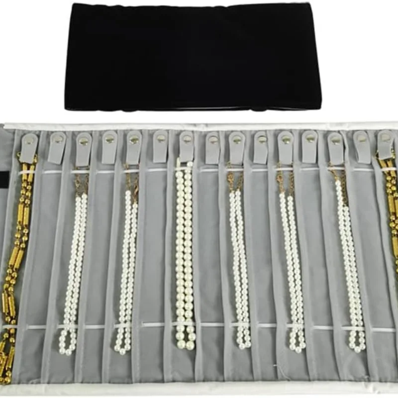 

Portable Jewelry Roll Untangled Secure Necklace Travel Storage Bag Displays Holder 16 Chain (Black and Gray)