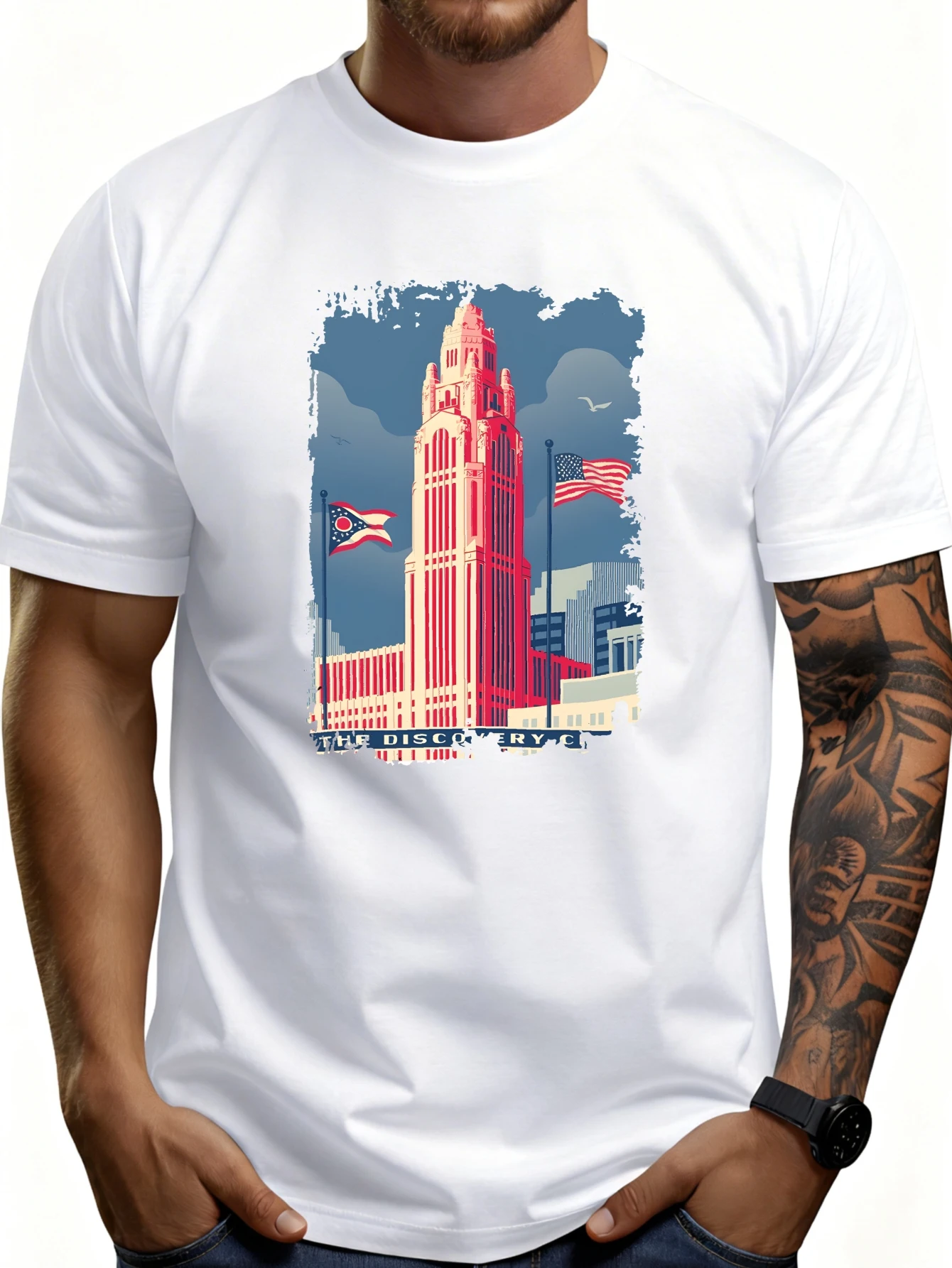 Urban Art Style Men's T-Shirt, Featuring Cityscape Designs with Towers and Flags of the Usa and Ohio, Summer Casual Wear, Suitable for Travel Enthusiasts and City Lovers