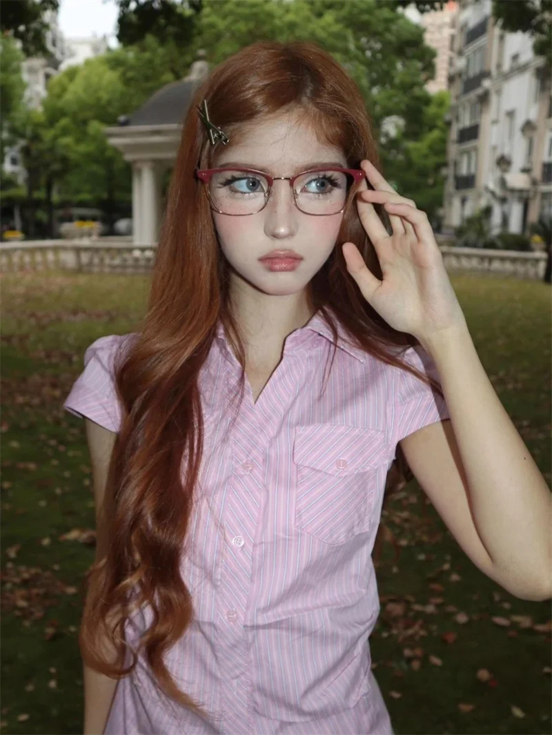 

Korean College Style Pink Striped Shoulder and Waist Cut Design Sense Short Sleeved Shirt 2025 Summer New Top Slim fit Stripes