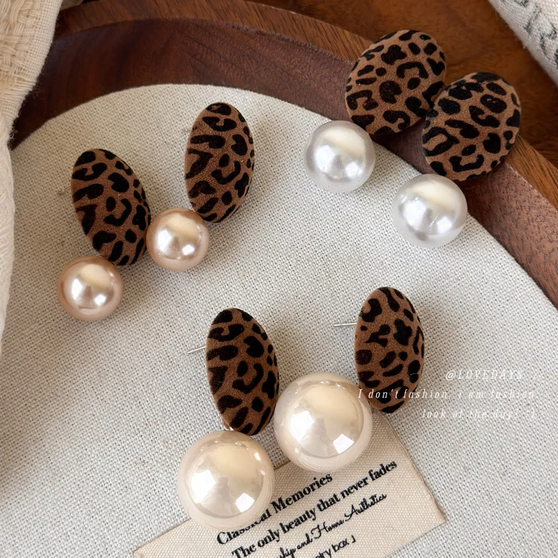 Earrings Maillard Oval Leopard Faux Pearl Velvet Geometric Long Brown Women Fall Winter Vintage Party Daily Gift Lightweight