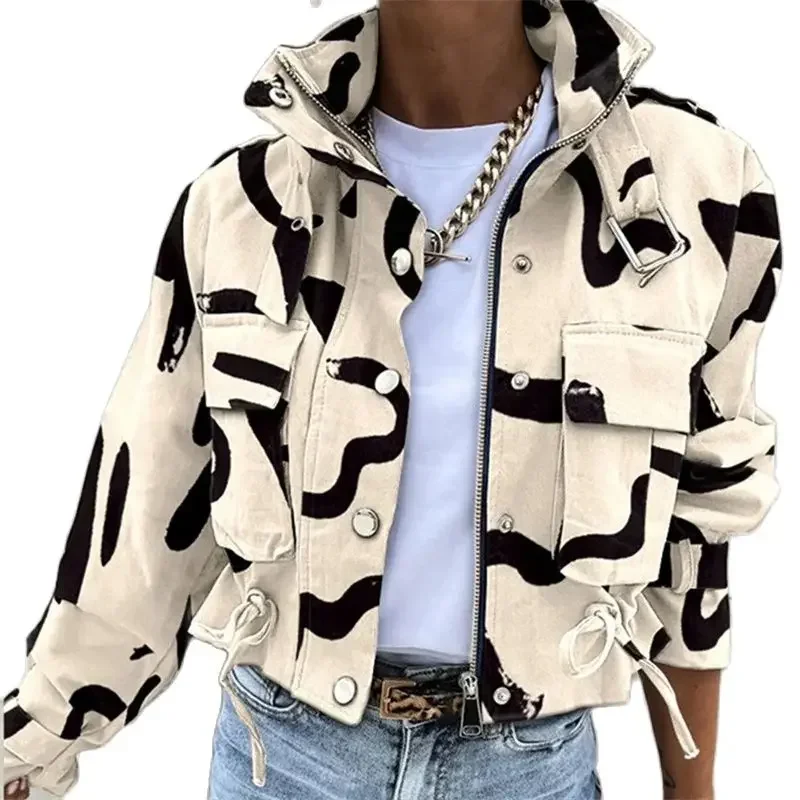 Fashion Print Snap Button Zipper Cardigan Jackets Women Patchwork Pockets Decoration Outerwear Autumn Winter Female Casual Coats