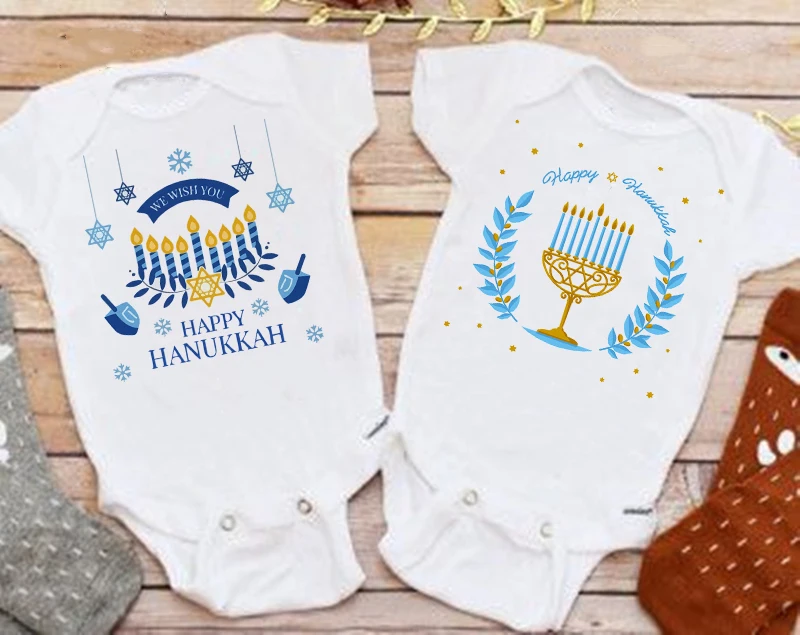 

Happy Hanukkah Newborn Baby Rompers Infant Short Sleeve Jumpsuit Chanukah Outfit Boy Girl Hanukkah Clothes Bodysuit