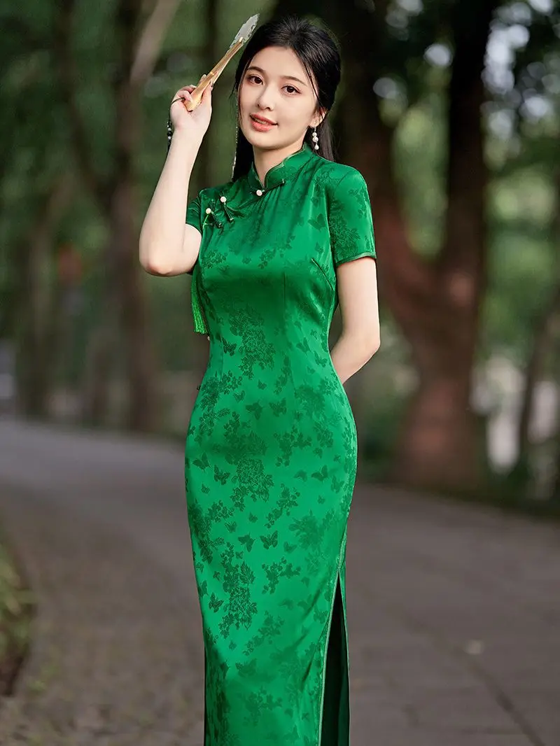 Green  Jacquard Satin Handmade Button Qipao Chinese Women Short Sleeve Cheongsam Elegant Daily Dress