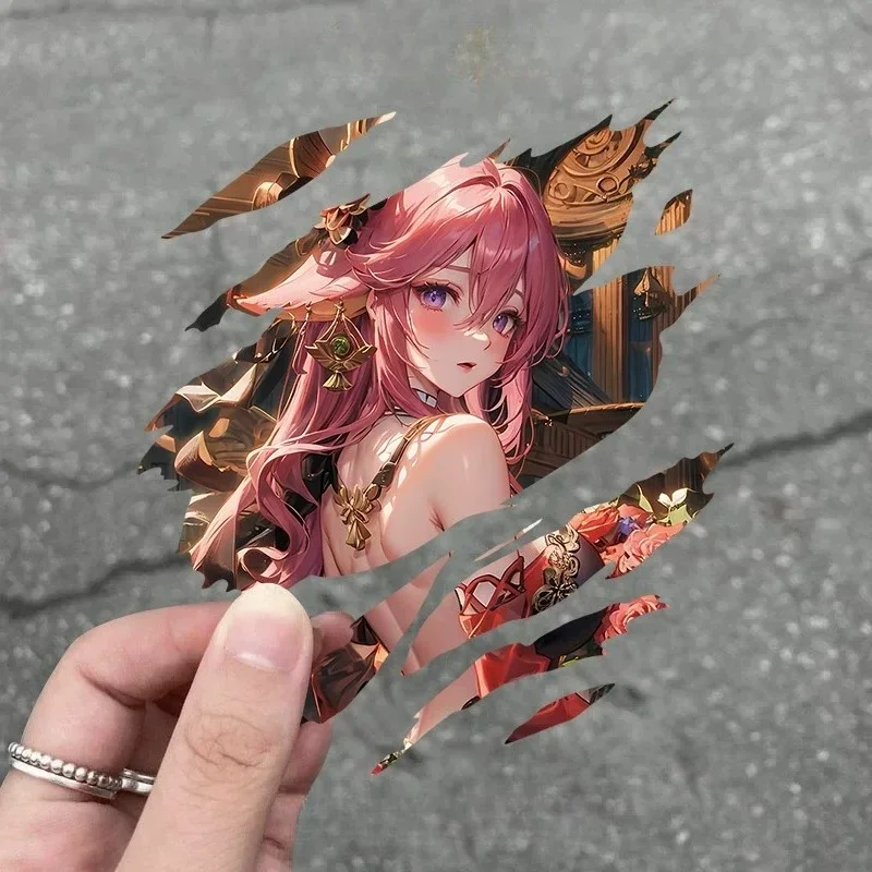 Waterproof Self-adhesive Genshin Impact Yae Miko Torn Anime Waifu Vinyl Decal for Car Motorcycle Window Itasha Decor