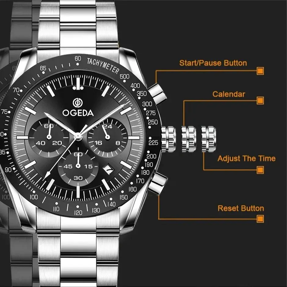 Ogeda 2024 new business men's quartz watch mineral glass alloy waterproof sports 3Bar multifunctional chronograph reloj hombre