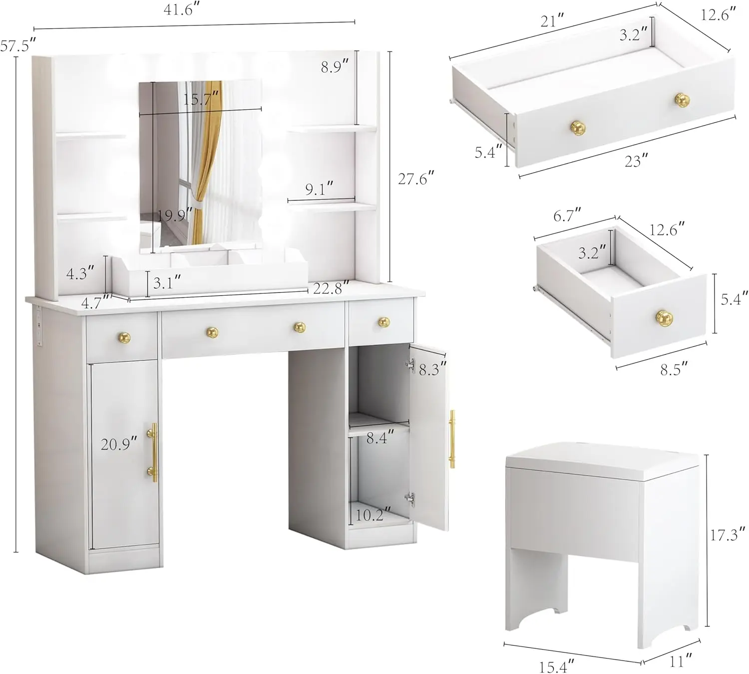 Vanity Desk with Mirror and Lights, Makeup with Charging Station & Stool, 3 Drawers and Cabinets White Mirr