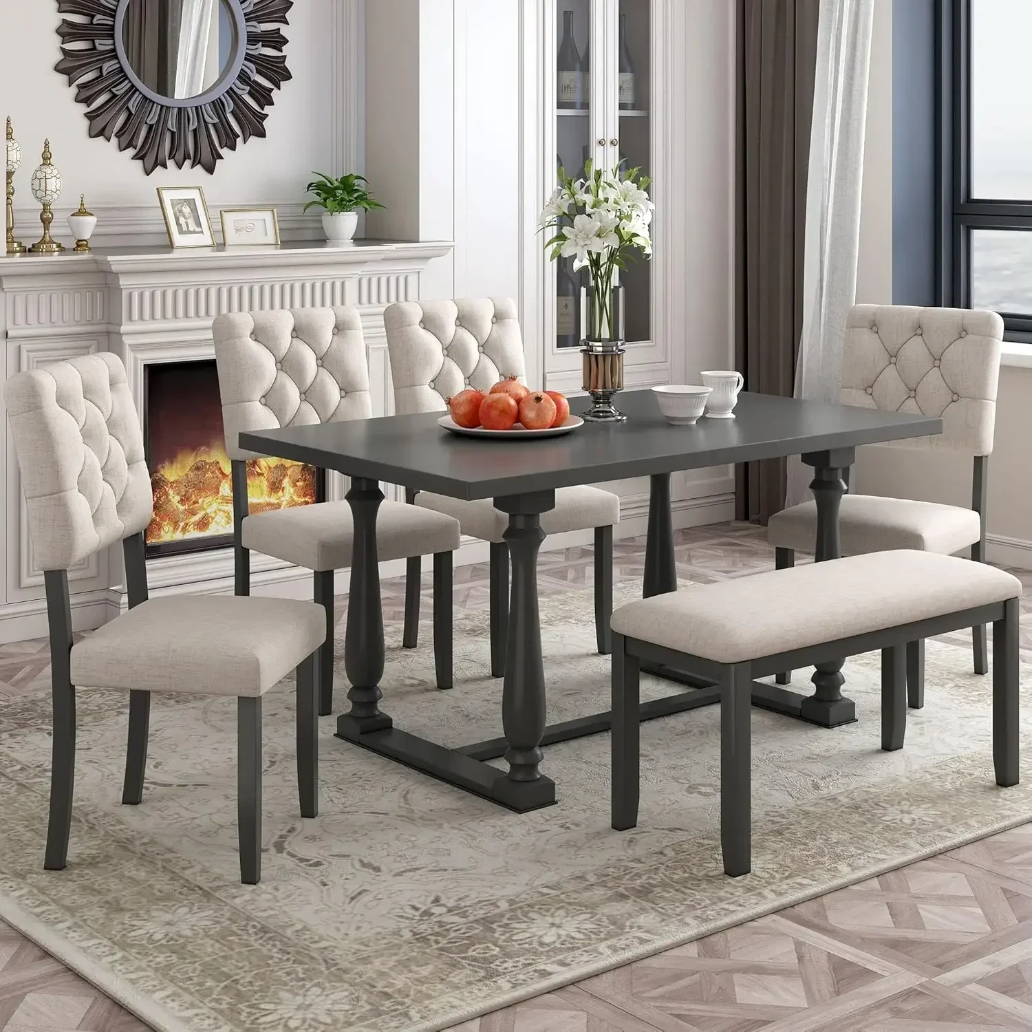 Dining Table Set for 6,Wooden 6 Piece Dining Room Table Set with 4 Upholstered Chairs & 1Tufted Bench,Retro Style Kitchen Table