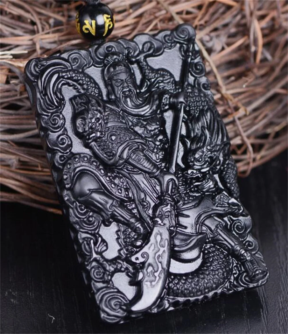Natural Black Obsidian Carved Chinese Handwork Dragon Sword GuanGong Lucky Pendant Amulet Beads Necklace Trendy Gifts Jewelry