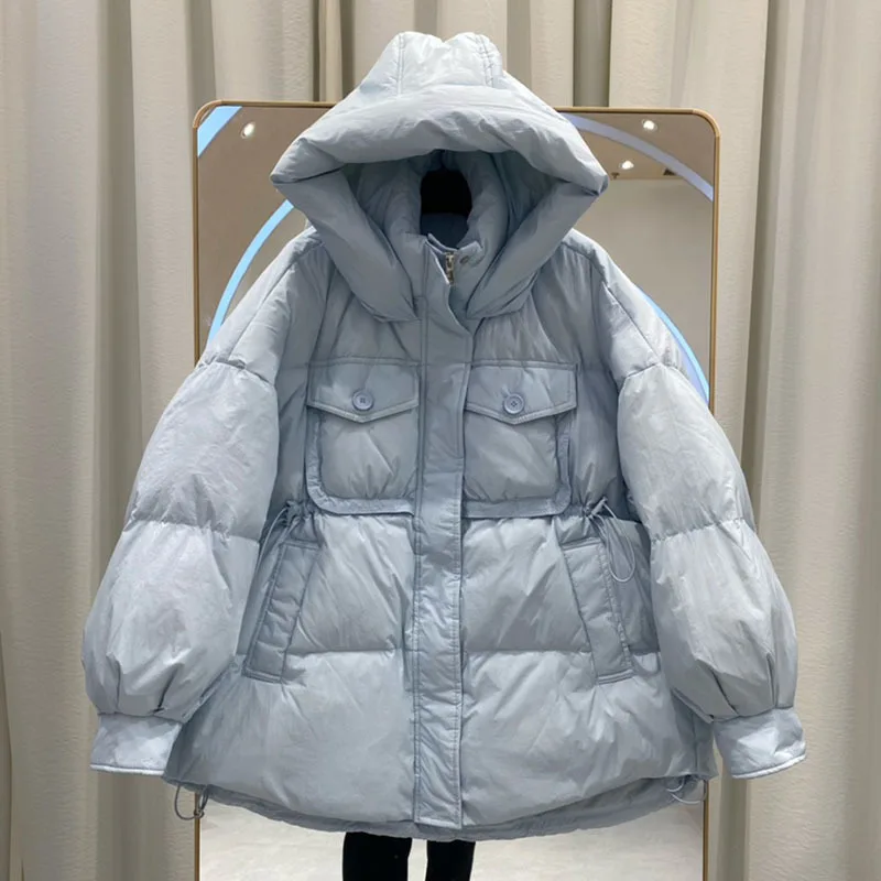 Hooded Winter Jacket Women Parkas 2023 New Korean Long Sleeve Zipper Pockets Drawstring Coat Thicken Warm Outerwear Solid Coats