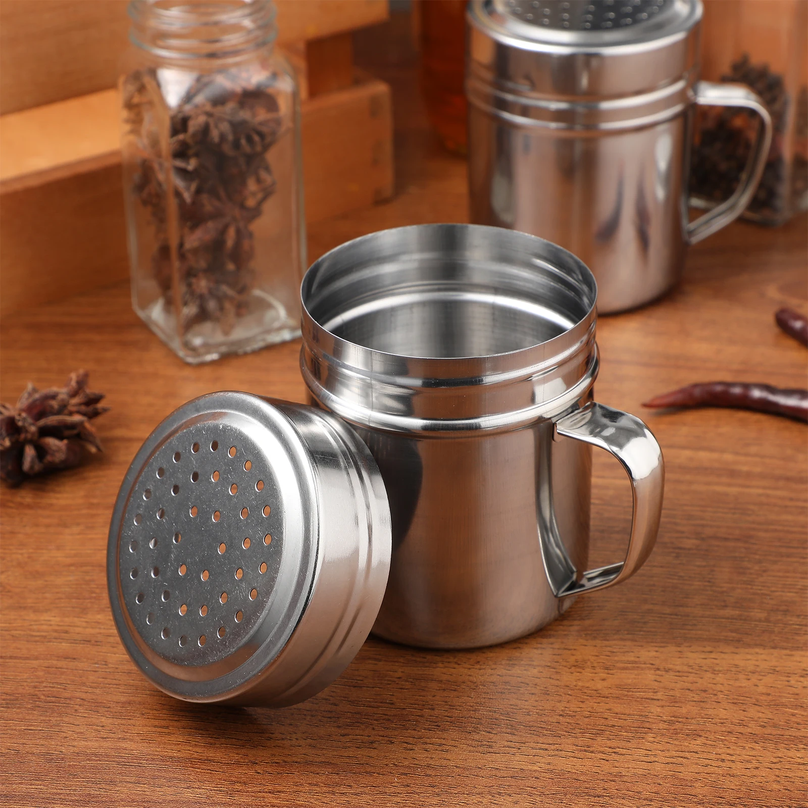 

2 pcs Seasoning Shaker with Handle Heavy Duty Stainless Steel Spice Large Capacity Corrosion Resistant Rust for Kitchen
