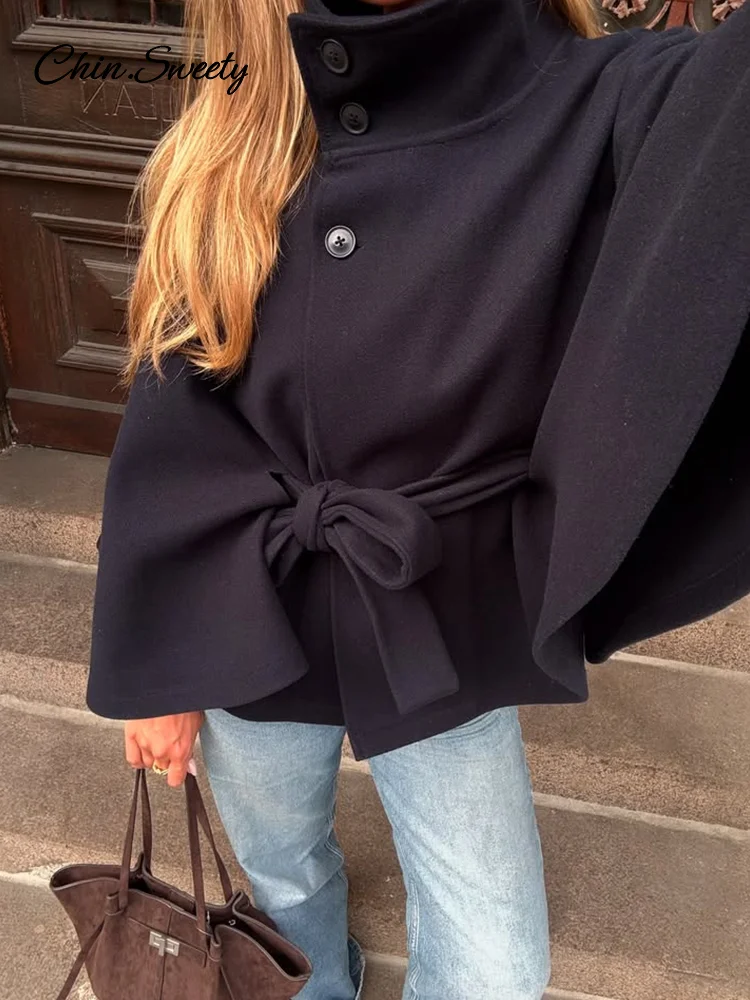 Abrigos de capa de lana con cordones para mujer, chaquetas holgadas con cuello levantado y manga de murciélago con botones, chaquetas negras y grises, ropa de calle de otoño 2025