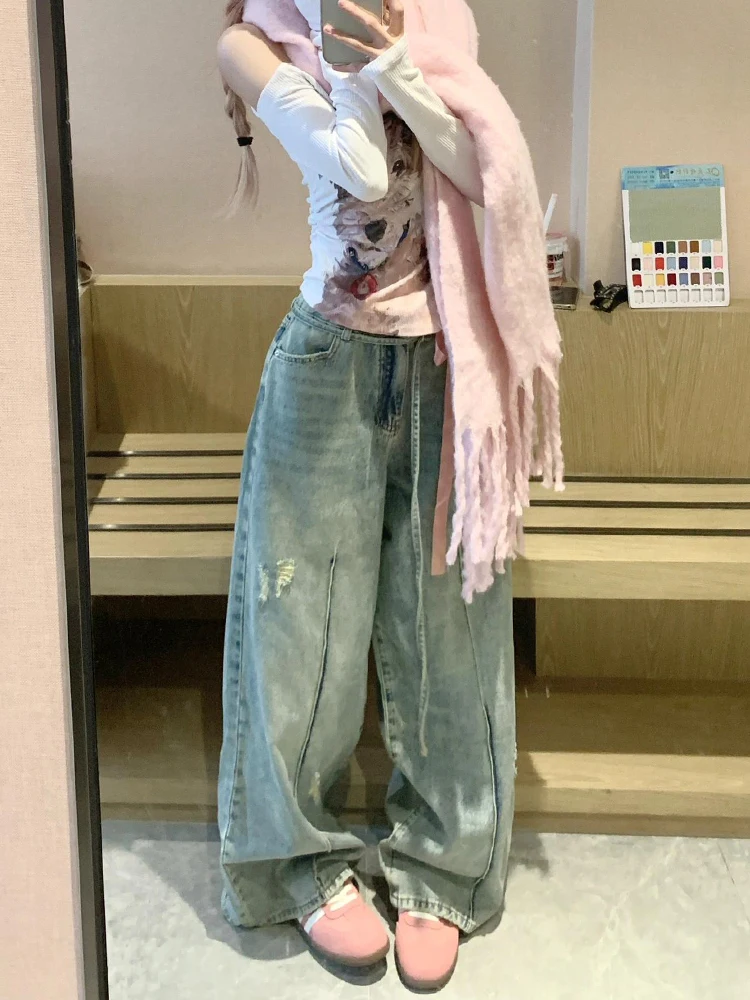 Retro American Hot Girl Washed Split Distressed Denim Pants Women Summer Loose Feeling Floor Length Trousers Natural Waist
