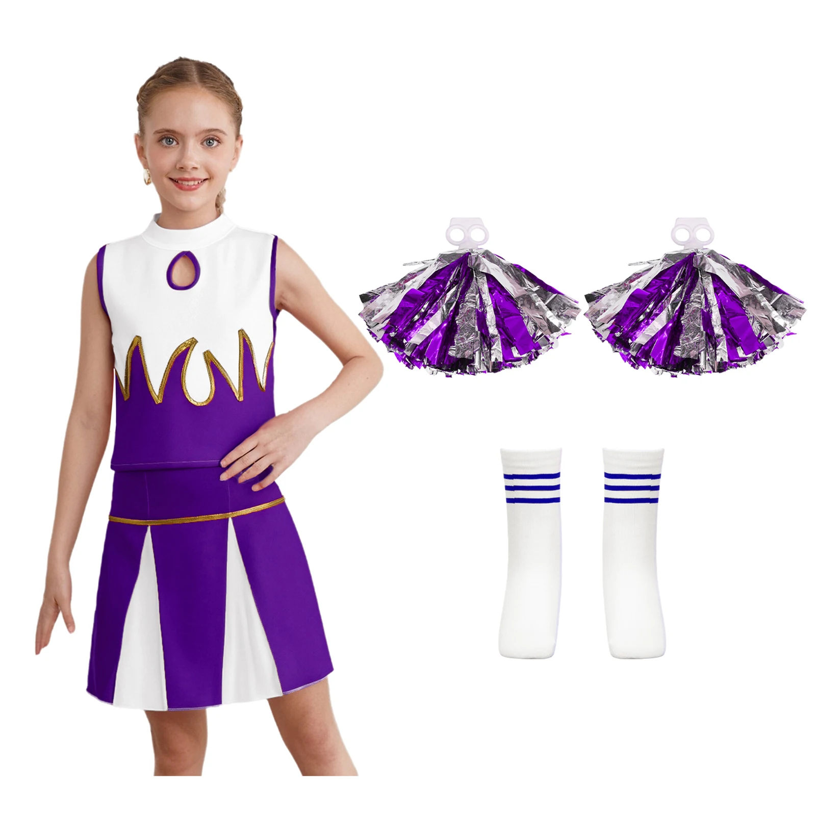 

Kids Girls Cheerleader Uniform Dance Performance Costume Sleeveless Crop Top+Built-in Briefs Pleated Skir+Flower Balls+Socks Set