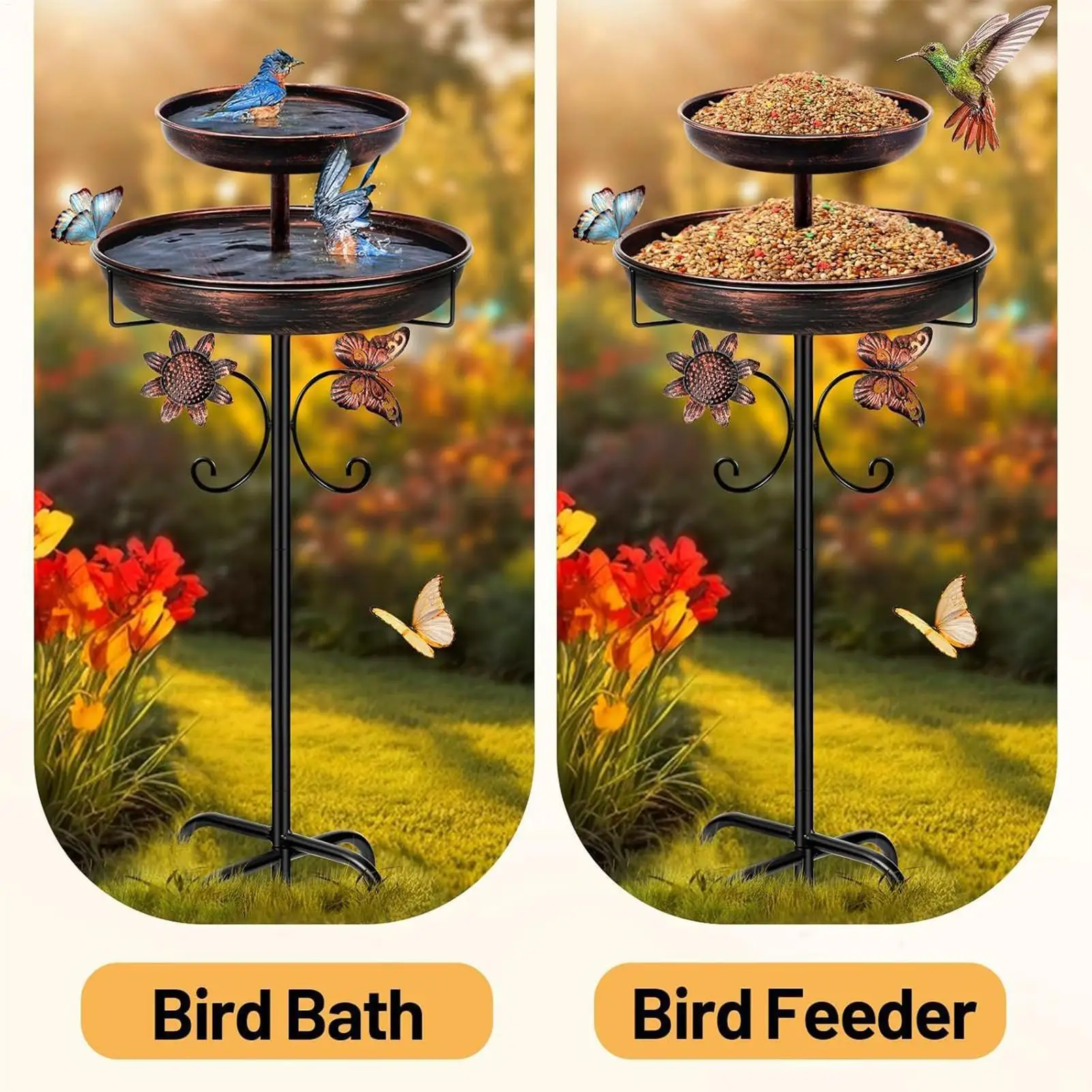 

Bird Bath With Stakes Metal Rustproof Double Layer Vintage Birdbath Bird Feeder Baths Decorations For Yard Patio Deck Porch