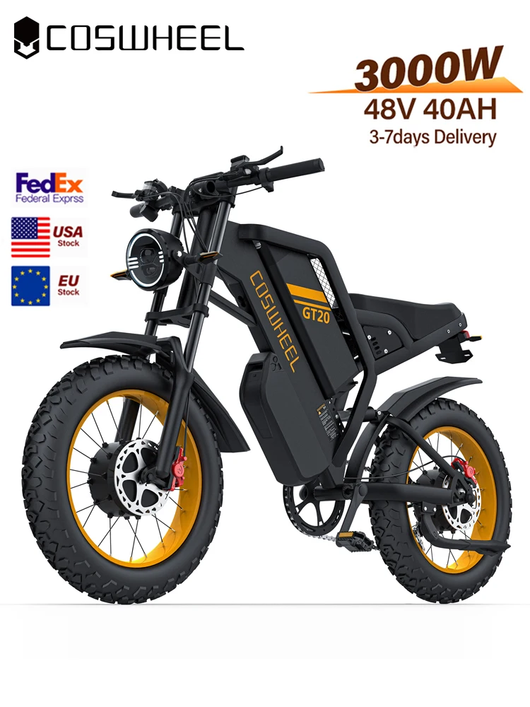 COSWHEEL Elektrische fiets GT20 PRO 3000W Dubbele Motor 48V 40AH Batterij Elektrische Fiets 20 Inch Vetband Off-Road Mountain EBike - afbeelding 2