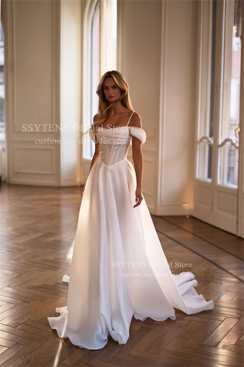 SSYTENS クラシックホワイトウェディングドレスオフショルダー A ラインスイープトレインエレガントなブライダルドレス女性プロム花嫁ドレスカスタマイズ