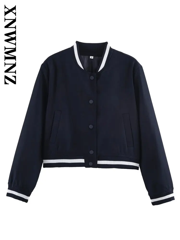 

XNWMNZ 2026 Spring Woman Preppy Simple O-Collar Single-breasted Jacket Vintage Casual Lady Long Sleeve Chic Thin Striped Coat