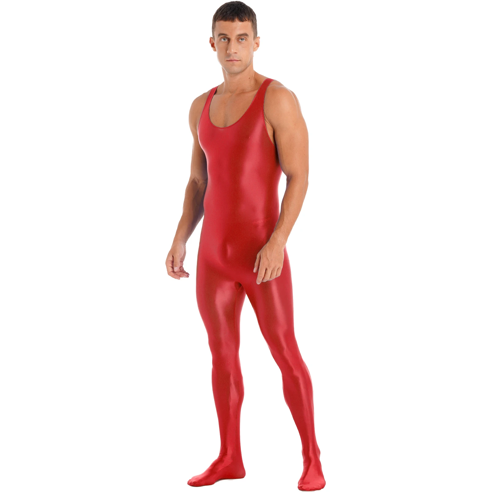 Men Glossy Bodystocking One-piece Nightwear Sleeveless Solid Bodysuit Bottoming Jumpsuit Fitness Workout Sportswear Swimwear