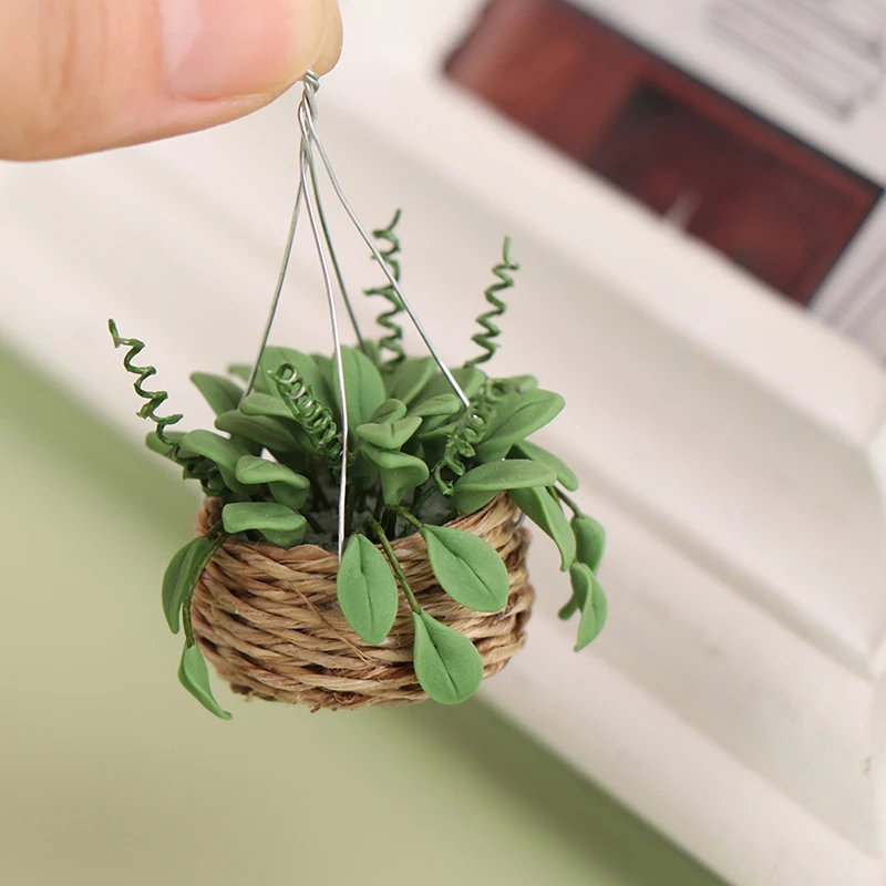 1PCS Dollhouse Miniature Hanging basket Mini Potted Plant Flowers Pot DollHouse Decor