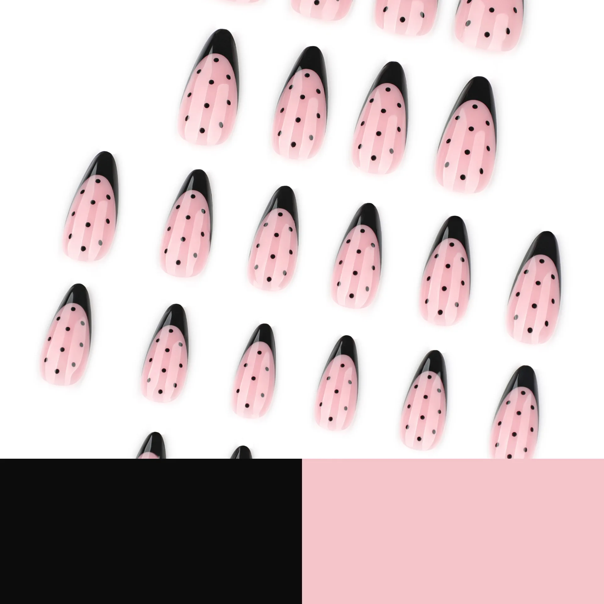 Średnie sztuczne paznokcie dla kobiet, dziewczęce, modne, wzór w kropki, czarno-niebieskie, pełne pokrycie, francuski manicure, tipsy w kształcie migdała, naklejane sztuczne paznokcie, zdobienie paznokci.