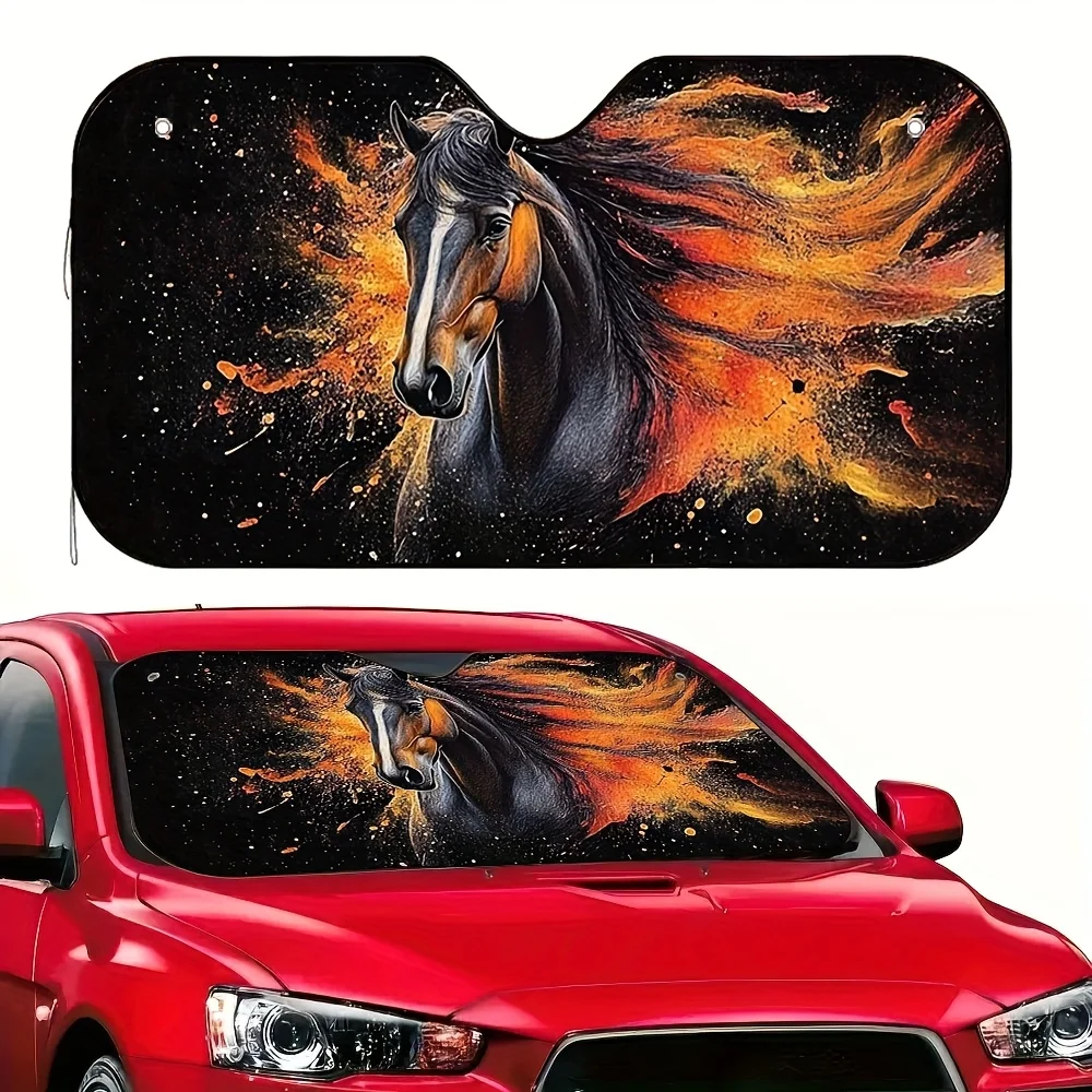 Flame Galloping Horse Print Car Sunshade Foldable Keeps Your Car Cool 4 Suction Cups for Easy Installation Space-Saving Design