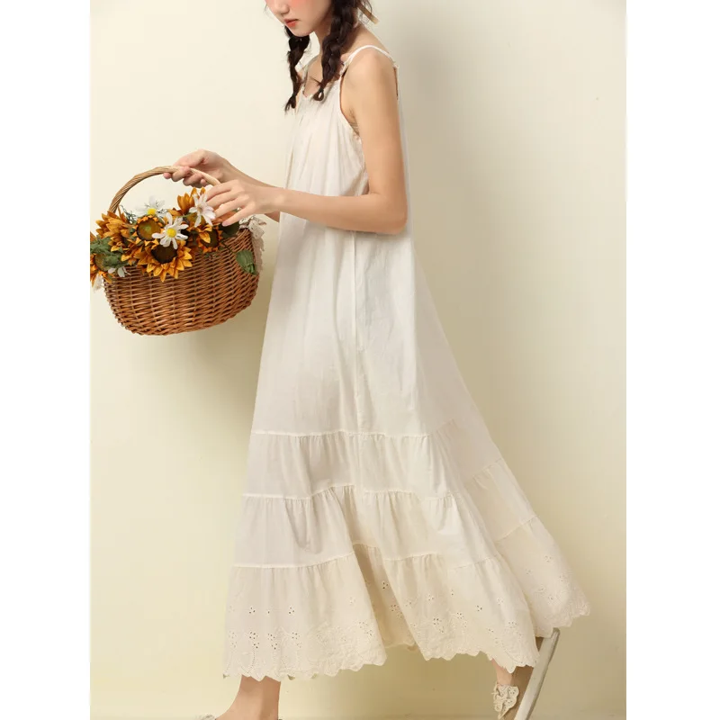 Sweet Cute White Cake Dress Women Loose Sleeveless Spaghetti Straps Inside Stacked Long Dress Girls Summer Beach Holiday Dresses