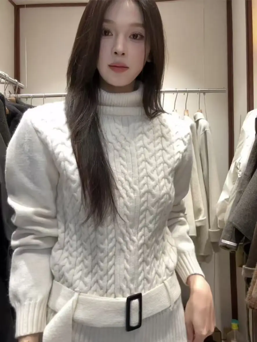 한국 슬레 하이넥 트위스트 스웨터 여성용 가을 겨울 루즈핏 허리 조임 부드럽고 포근한 니트 베이스 레이어 탑