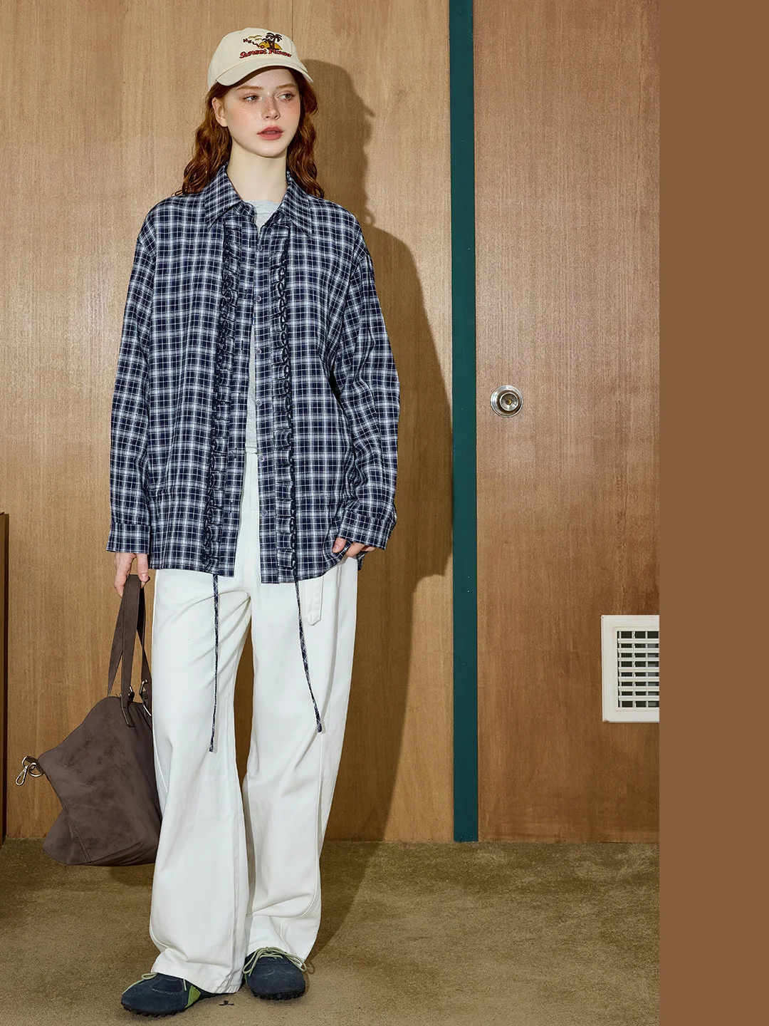 Coolhut Lazy Style Women's Loose Shirt Drawstring Versatile Slimming Meat Covering Personality Outerwear Plaid Pattern