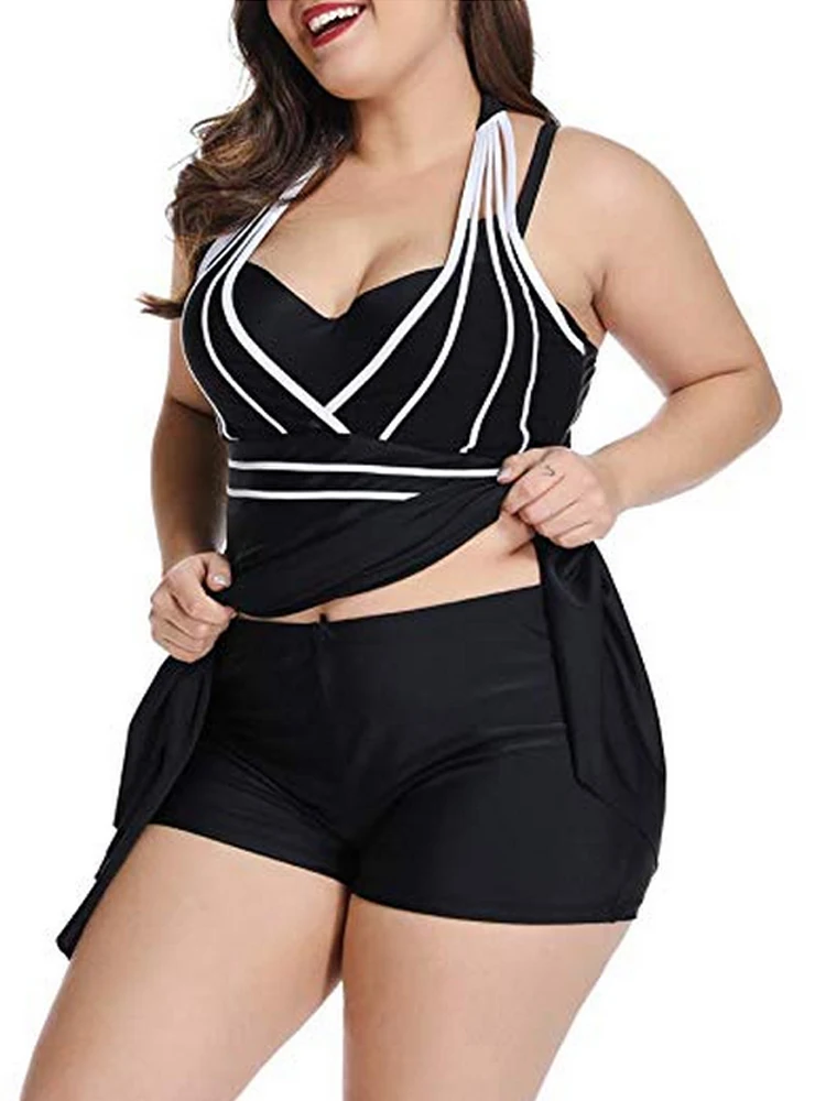 2021 Women Tummy Control Tankini Swimsuit 2 Piece Built-in Padded Push-up Bra Swim Dress with Bottom Shorts Plus Size