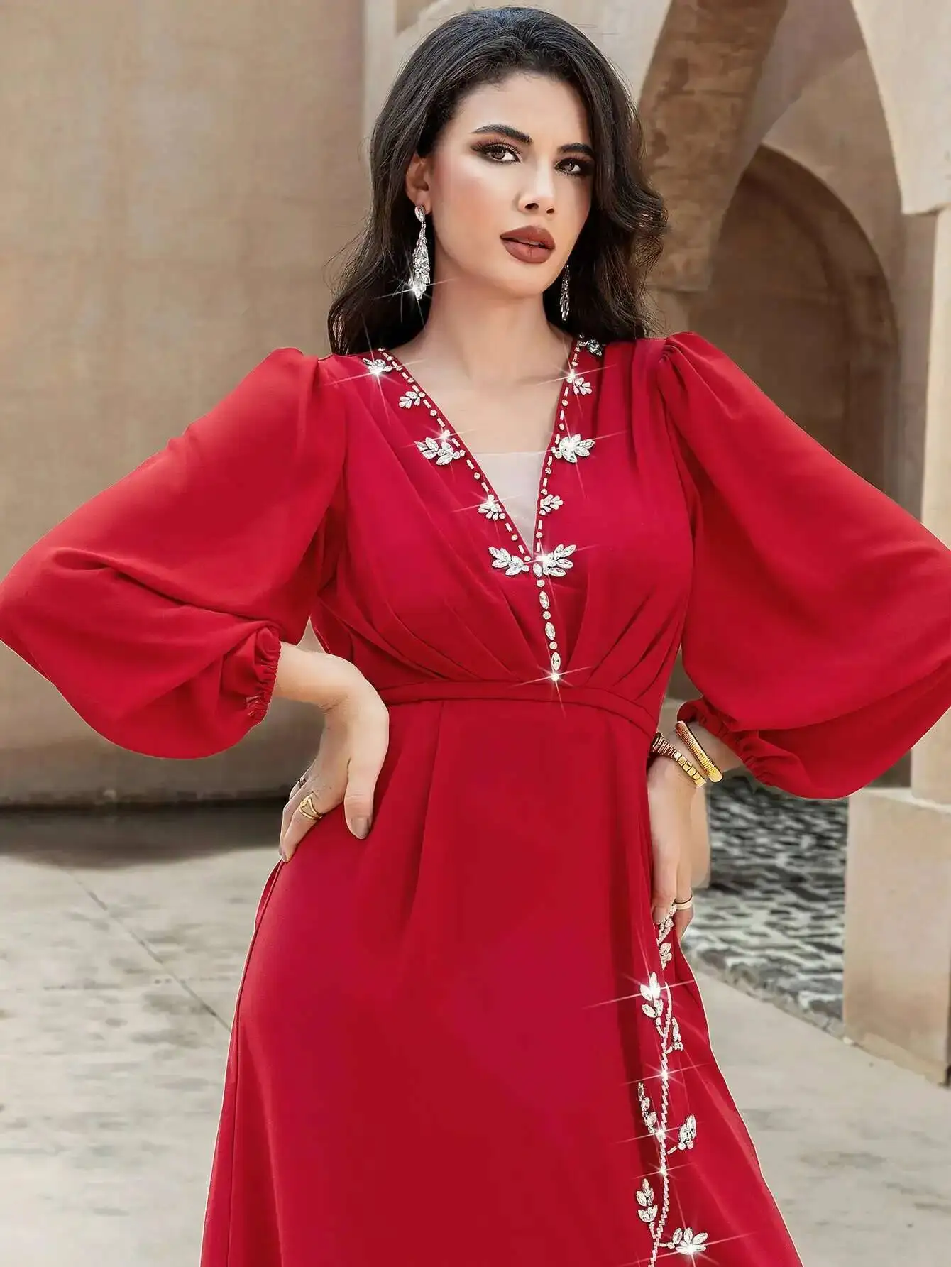 

Yeni Ba5175 El Yapımı Dikişli Taşlı Derin v Seksi Ön Yarık Elbise Moda Kadın Robe Abaya Ramadan Dubai Luxury Islam Elegant