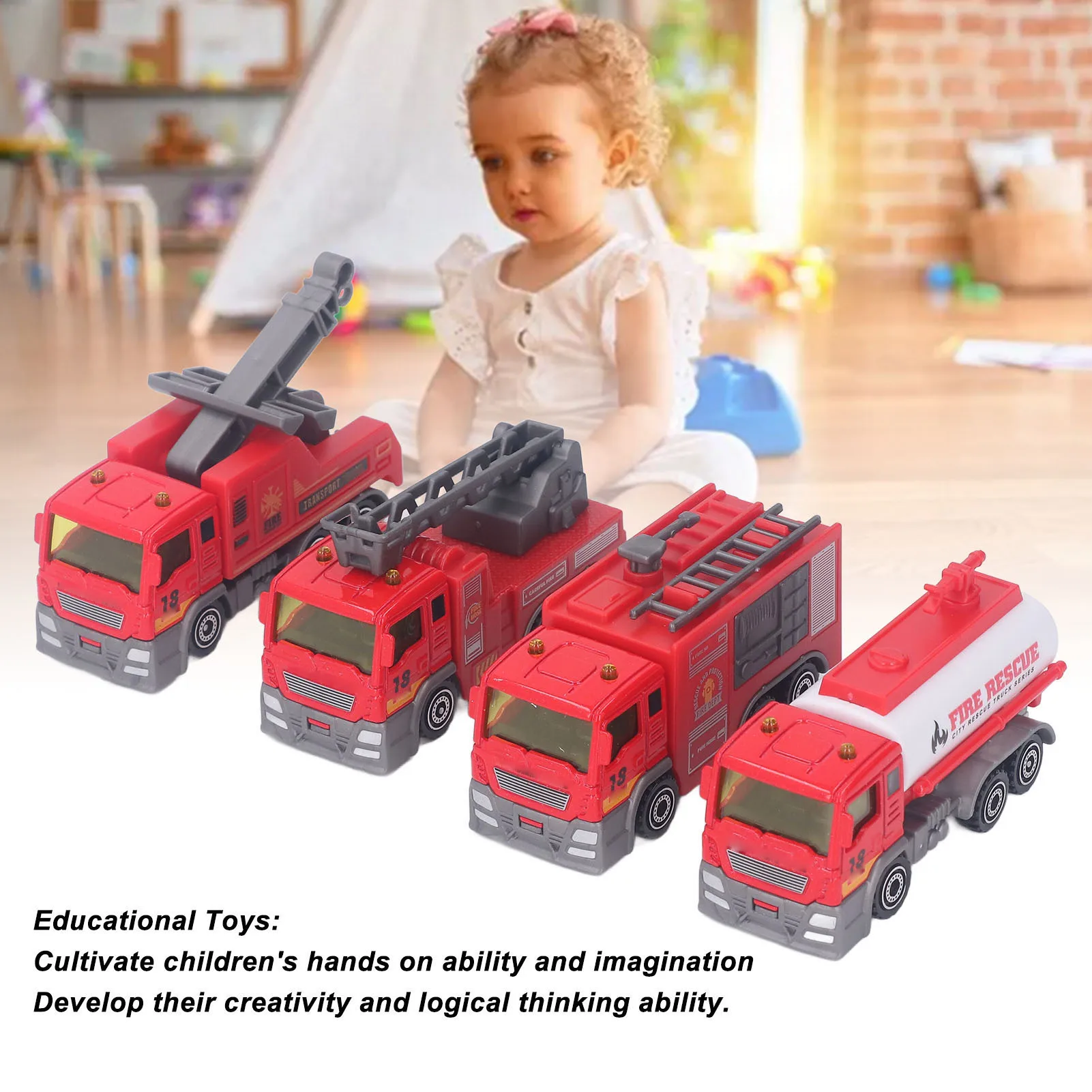 ZK30 4Pcs 1: 32 Fire Truck Toy Set High Simulation Pull Back Car Toy Educational Truck Model Children Gifts