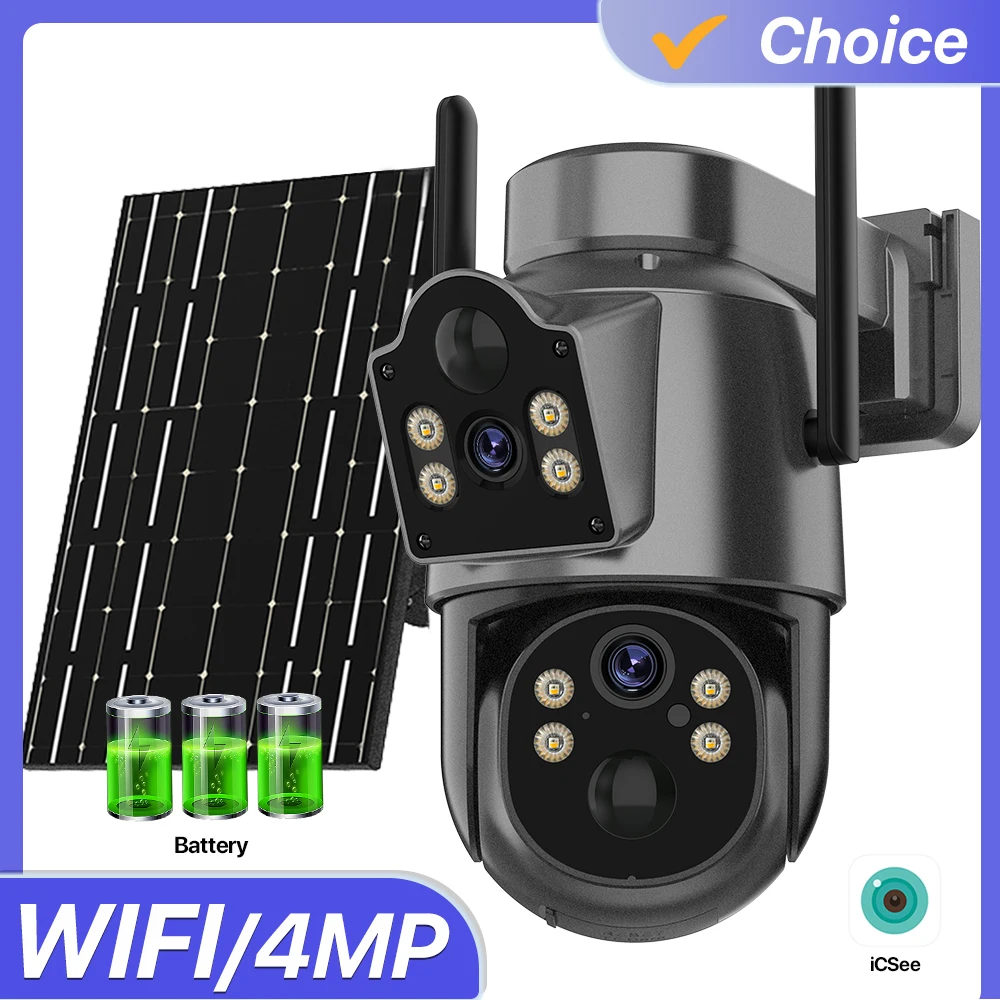 4MP HD WiFi Camera Solar Panel 7.6W Built-in Battery Outdoor PTZ Camera PIR Body Detection IP66 Waterproof Security Camera iCsee